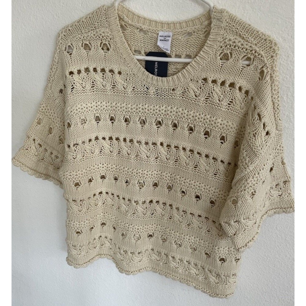 NWT Melrose And Market Open Knit Pointelle Cable Sweater Cream Small 100% Cotton